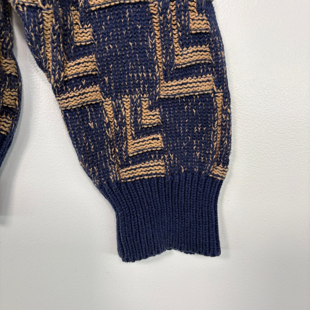 Christian Dior Mens Sweater Sz L Blue Tan Geometric Cotton Intarsia Knit Vintage - Picture 2 of 11
